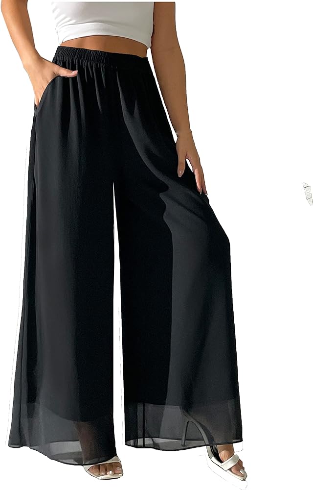 heipeiwa Women's Chiffon Dress Beach Wide Leg Palazzo Pants Elastic Waist Trouser