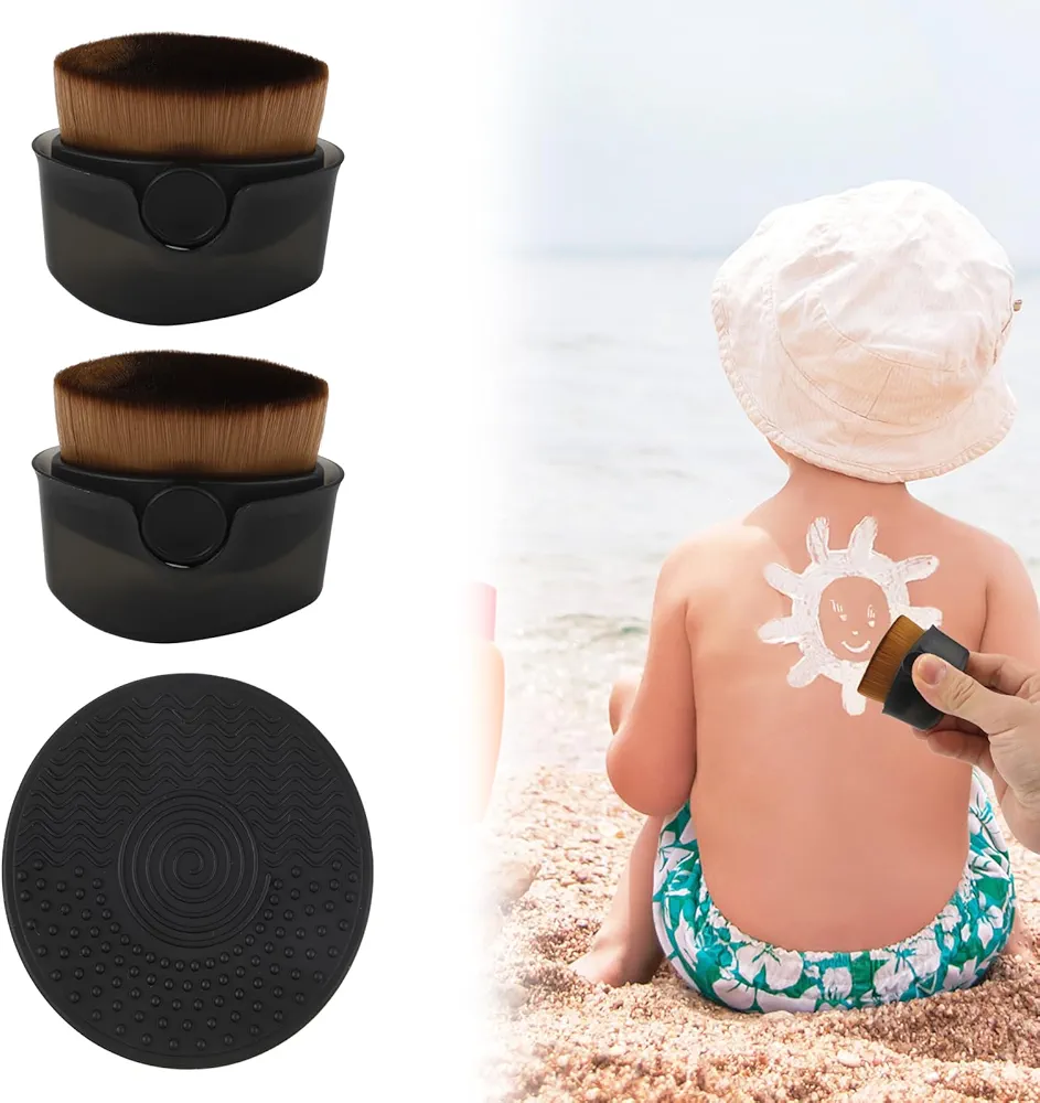 2pcs Sunscreen Applicator, Sunscreen Brush for Kids with Protective Caps Travel Portable Body Sun Lotion Applicator Soft Bristle Sun Cream Brush Set with Cleaning Pad (Black)