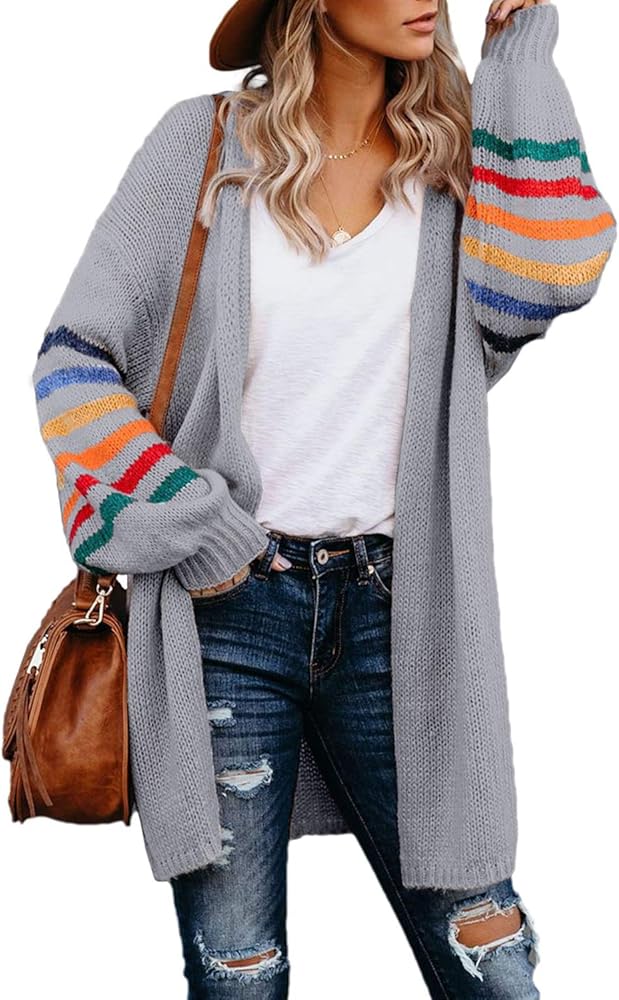 Dokotoo Women's Long Open Front Cardigans Striped Color Block Loose Knit Sweaters Outwear Coat