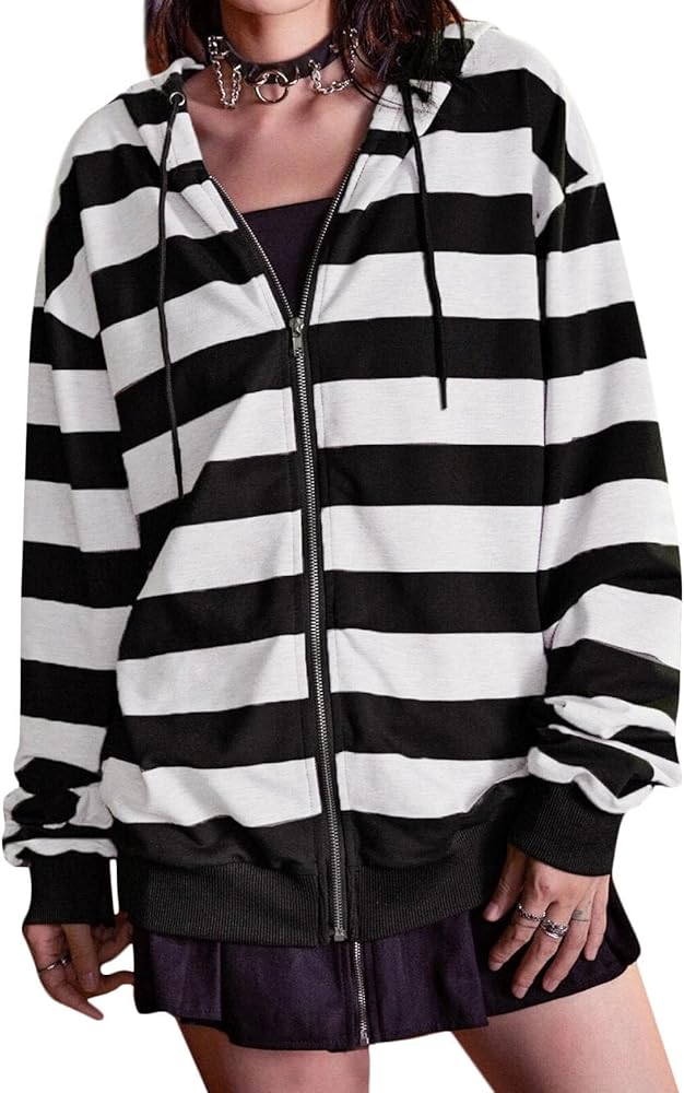 LAVASEON Women 's Oversized Zip Up Hoodie Y2K Striped Lightweight Hooded Sweatshirt Gothic Streetwear Pullover