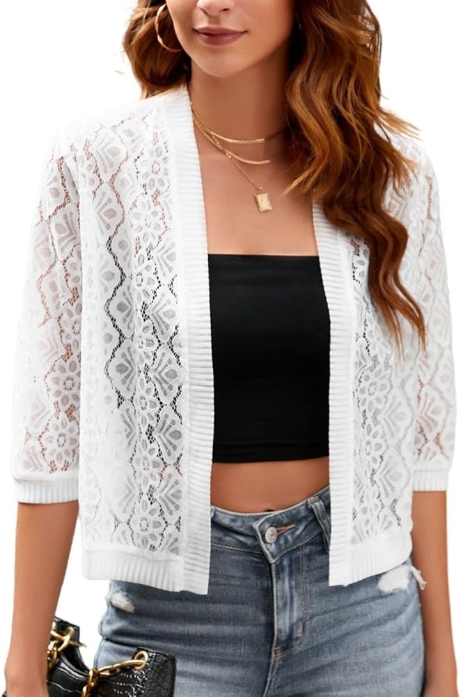 Chevara Women’s Casual Summer Lace Cardigan 3/4 Sleeve Floral Crochet Cardigans Shrug Sweaters