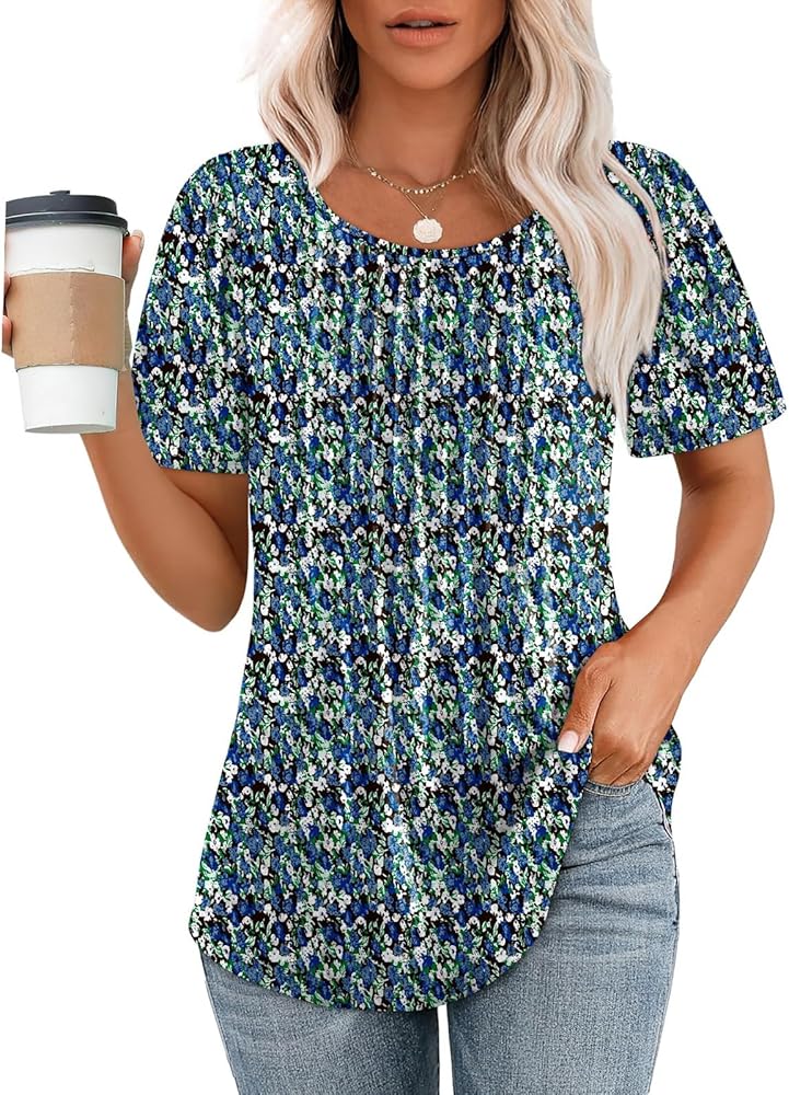 Summer Tops Women 2024 T Shirts Short Sleeve Pleated Dressy Casual Scoop Neck Summer Tops Blouses