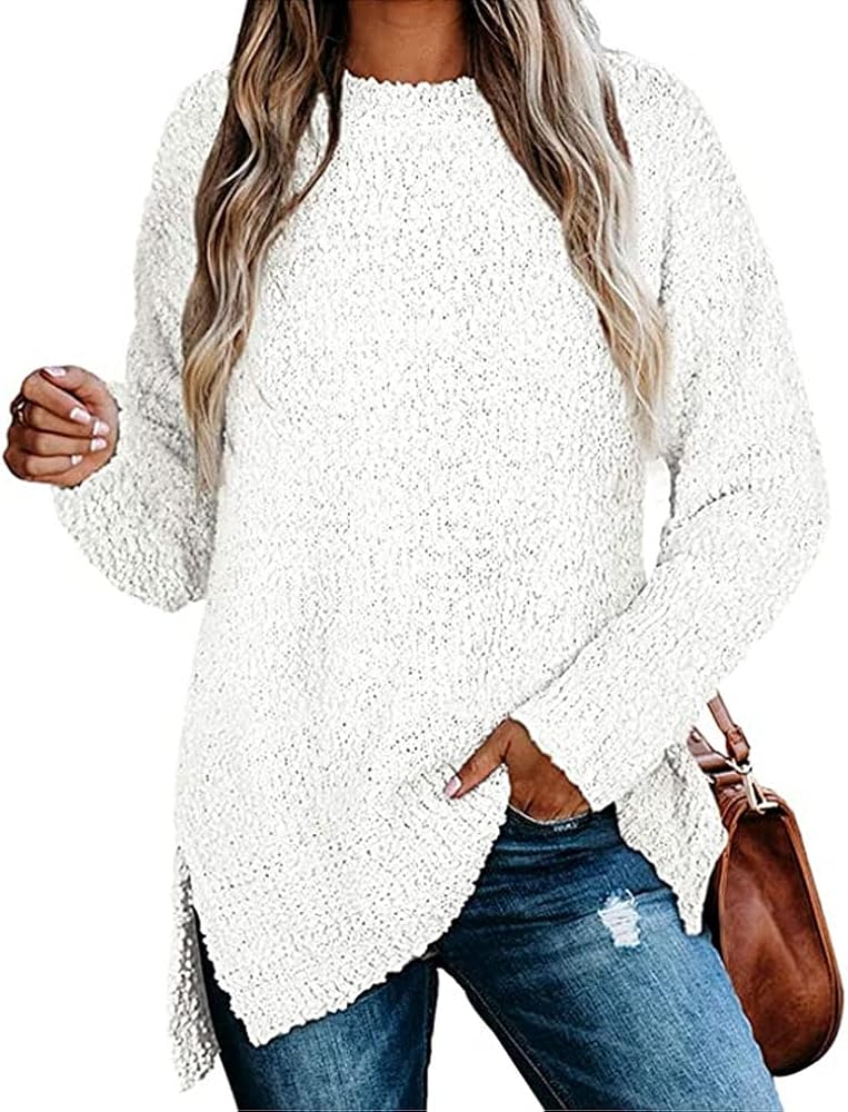 Qearal Women's Long Sleeve Fuzzy Knitted Sweater Popcorn Side Split Loose Pullover Tops