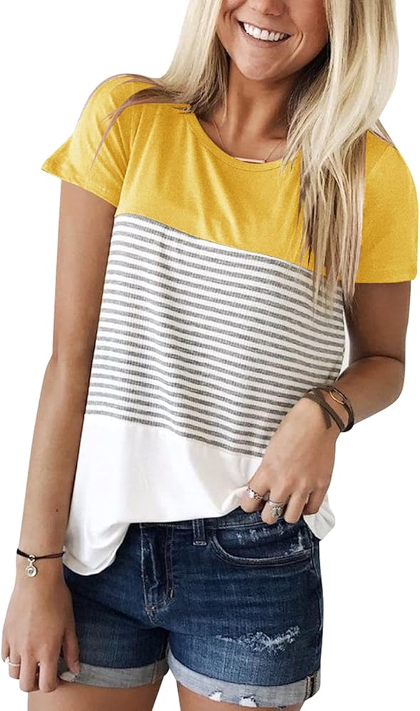 YunJey Round Neck Triple Color Block Stripe T-Shirt