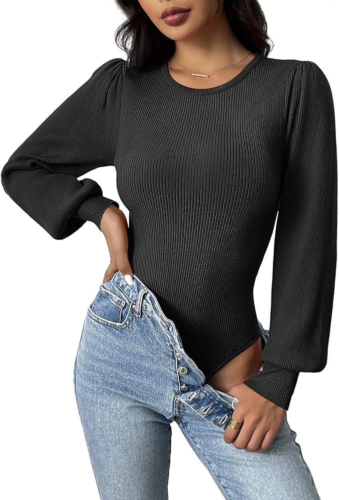 Zeagoo Women 2024 Long Puff Sleeve Sweater Fall Slim Fit Pullover Tops Crewneck Ribbed Knit Bodysuit Jumpsuit S-XXL