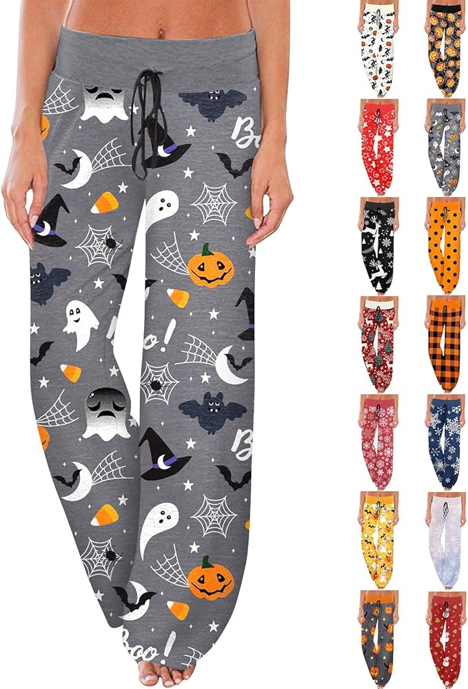 Halloween Pajama Pants for Women Loose Fit Wide Leg Trouser Pants Casual Elastic Waist Drawstring Palazzo Pants