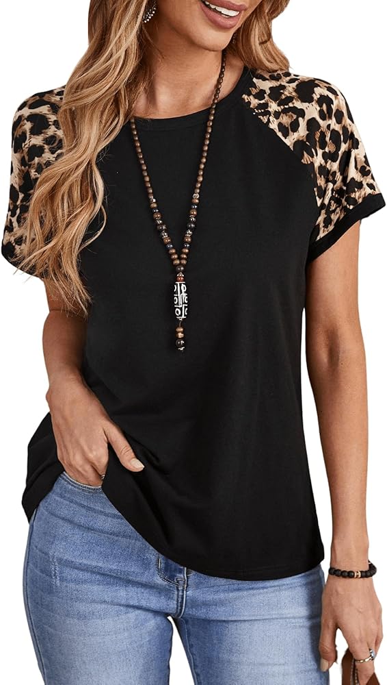 Milumia Women Leopard Raglan Short Sleeve Tops Round Neck Casual Work Tee Shirts