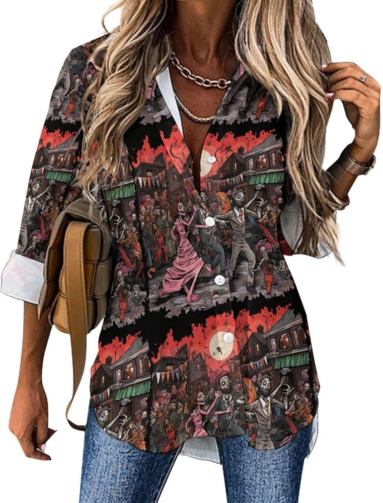 Zombie Classic Shirts for Women Long Sleeve Blouse Casual V Neck Tee Tops Work Office