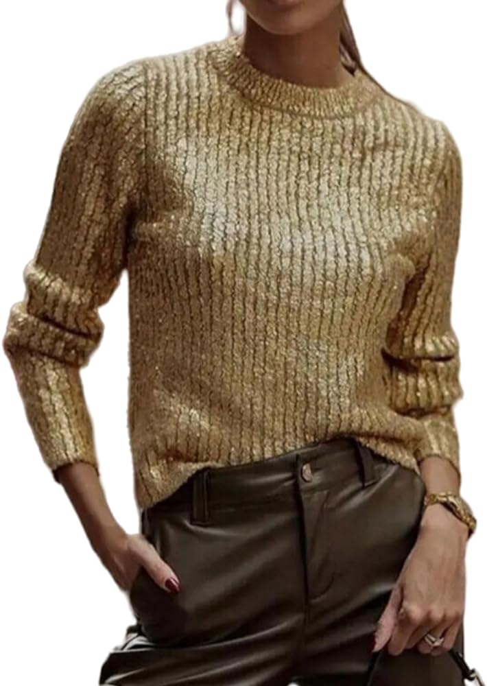 LifeShe Women's Metallic Solid Color Knit Sweater Crewneck Casual Loose Pullover Jumper Tops Blouse