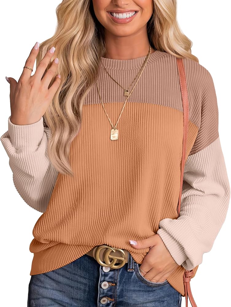 WIHOLL Womens Fashion 2024 Color Block Long Sleeve Crewneck Knitted Ribbed Shirts Tunic Tops Casual Loose