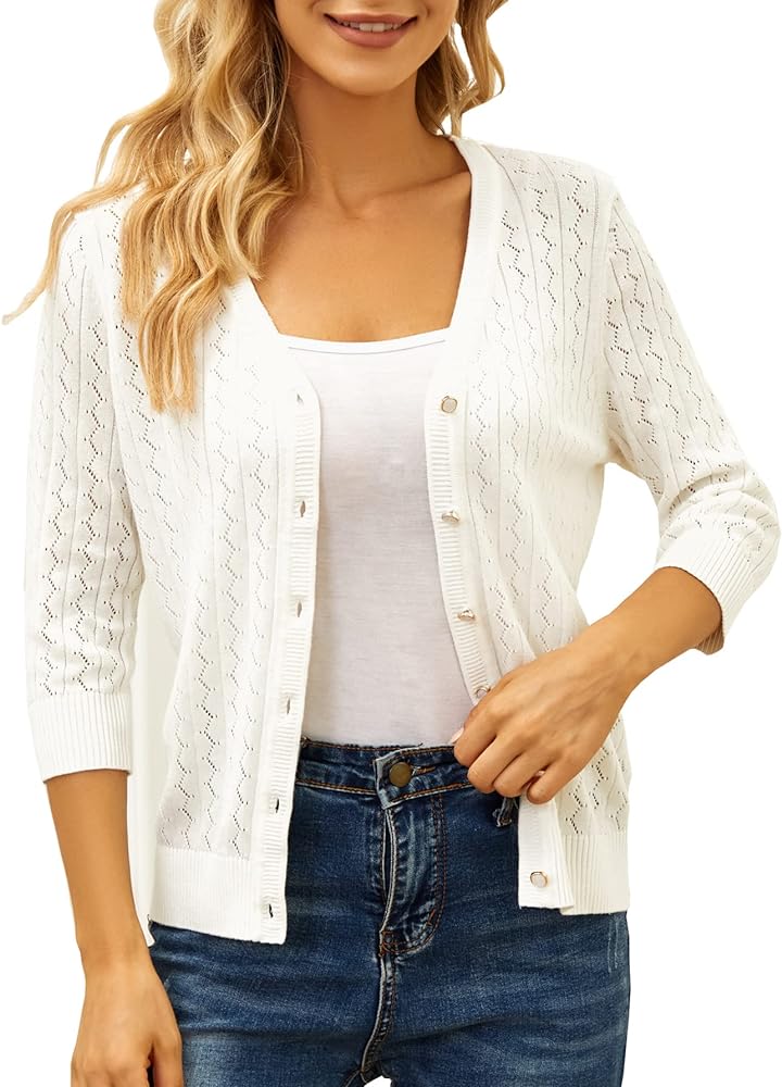 Cotton Cardigan Sweaters for Women Lightweight: 3/4 Sleeve Knit Cardigans Hollow-out V Neck Cardigan Button up Cardigan