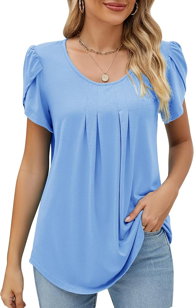 Bequemer Laden Womens Summer Short Petal Sleeve T-Shirts Tops Crewneck Casual Dressy Blouses Pleated Tunic Tops 2024