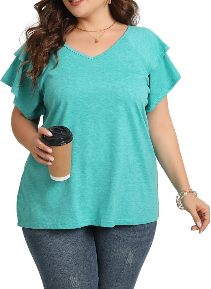 Women's Plus Size Tops Ruffle Short Sleeve V Neck Solid T Shirts Casual Loose Blouses Tunic Top