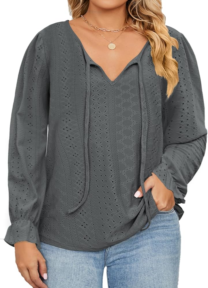 DOLNINE Plus Size Tops for Women V-Neck Puff Long Sleeve Eyelet Drawstring Shirts