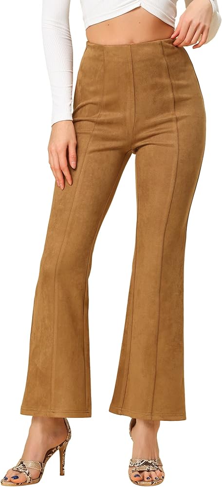 Allegra K Women's Faux Suede Pants Business Casual Wide Legs Bell Bottom Flared Trousers