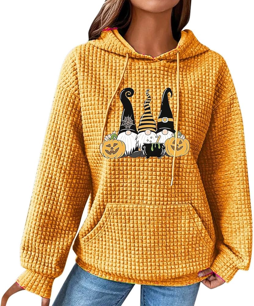 Halloween Town Sweatshirt Fashion Loose Halloween Printed Hooded Pullover Long Sleeve Patchwork Plaid Sweatshirt