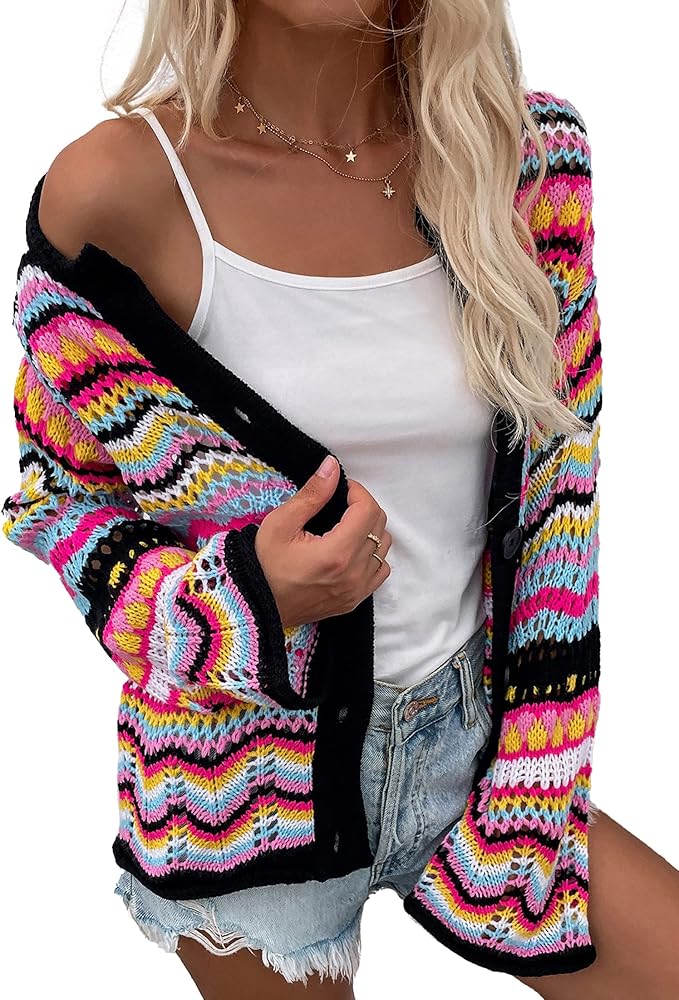 CORIRESHA Women's Multicolored Striped Crochet Knit Cardigan Crew Neck Flared Sleeve Button Y2K Sweater Coat