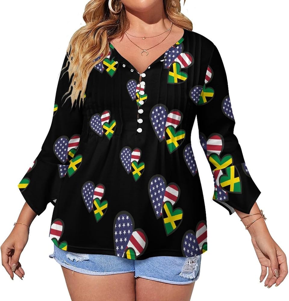 Interlocking Hearts American Jamaican Flag Cute Womens T-Shirts 3/4 Sleeve Button Down Tee Tops Blouse Summer Beach