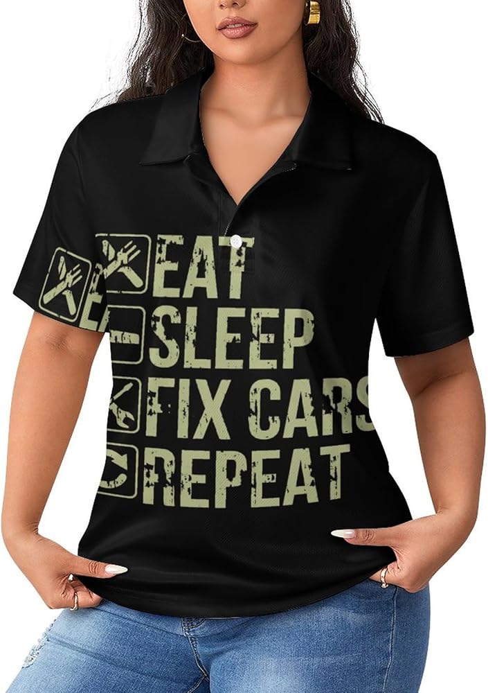 Mechanic Eat Sleep Fix Cars Casual Polo Shirts for Women V Neck Blouses Tops Quick Dry Athletic Tees Work