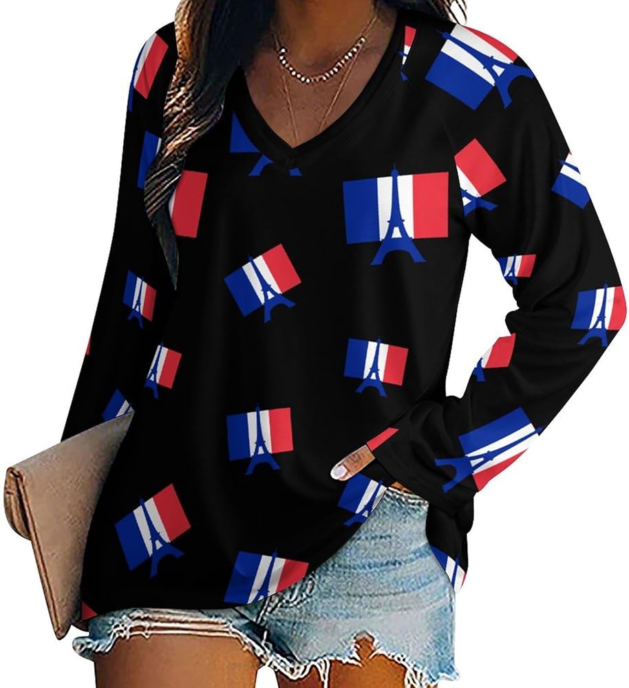 Eiffel Tower France Flag Casual Womens T-Shirts V-Neck Basic Tee Tops Long Sleeve Loose Fit Blouses