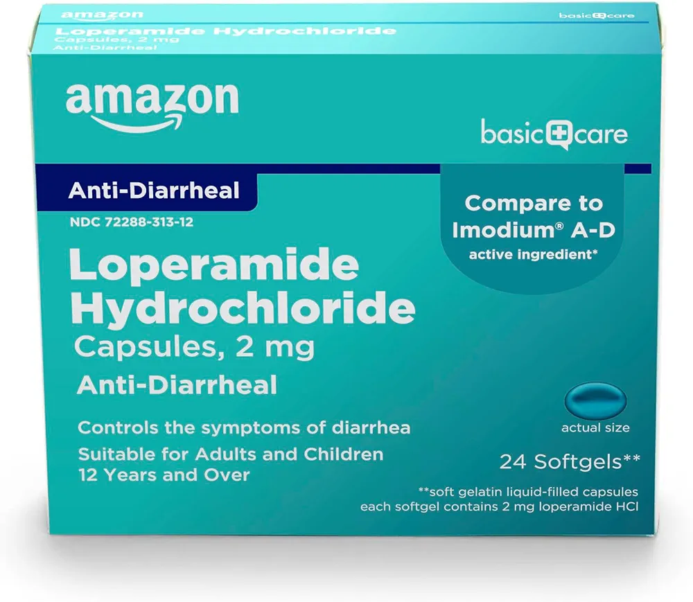 Amazon Basic Care Loperamide Hcl 2 Mg Softgels, Anti-Diarrheal, Made in USA, 24 Count (Pack of 1)