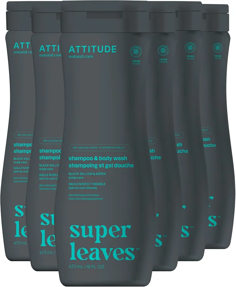 ATTITUDE 2in1 Shampoo and Body Wash, EWG Verified, Plant and Mineral-Based, Vegan Personal Care Products, Black Willow and Aspen, 16 Fl Oz (Pack of 6)