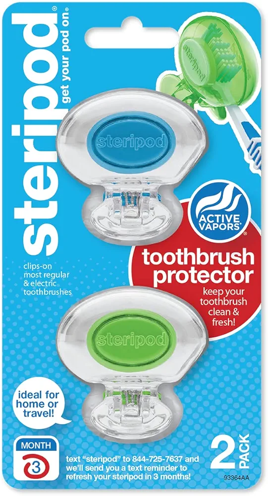 Steripod Clip-On Toothbrush Protector, Clear Blue and Clear Green, 2 Count