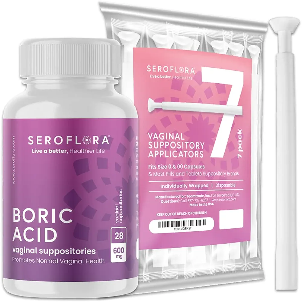 Seroflora Boric Acid Vaginal Suppositories for Women with Suppository Applicators - Boric Acid Pills Support Vaginal Odor Control - 28 Suppositories 7 Applicators