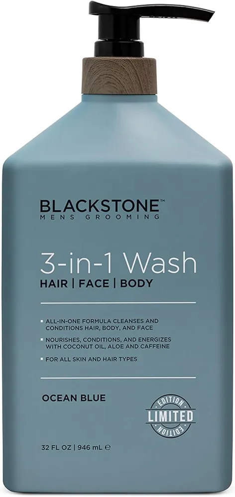 Blackstone Men's Grooming 3-in-1 Wash for Men with Coconut Oil, Aloe and Caffeine | Cleanses & Conditions Hair, Body, & Face | For All Skin & Hair Types - Ocean Blue (32 Fl Oz)