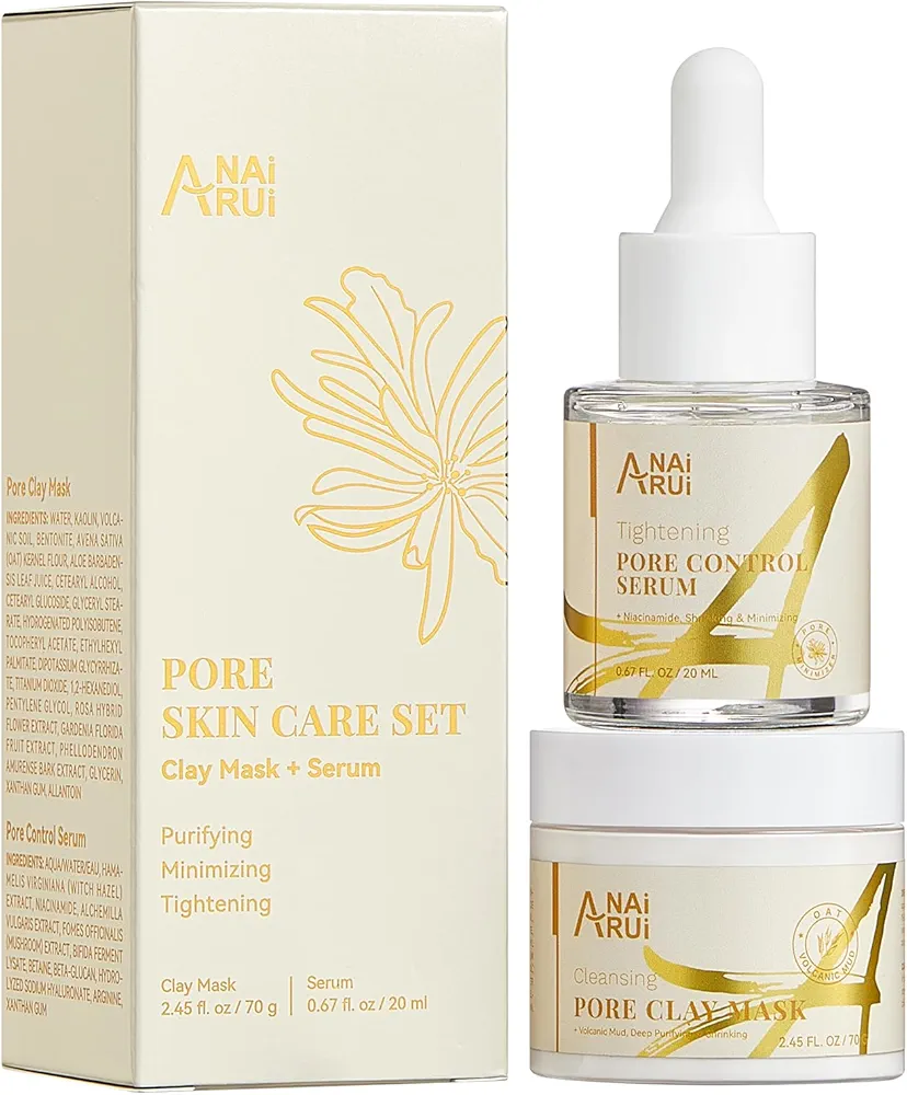 ANAI RUI 2 in-1 Pore SkinCare Set, Pore Clay Mask+Pore Minimizing Serum,Volcanic Pore Clay Mask for Nose&Face, Pore Reducer, Sebum Control Pore Exfoliating Solution, Skincare for Women