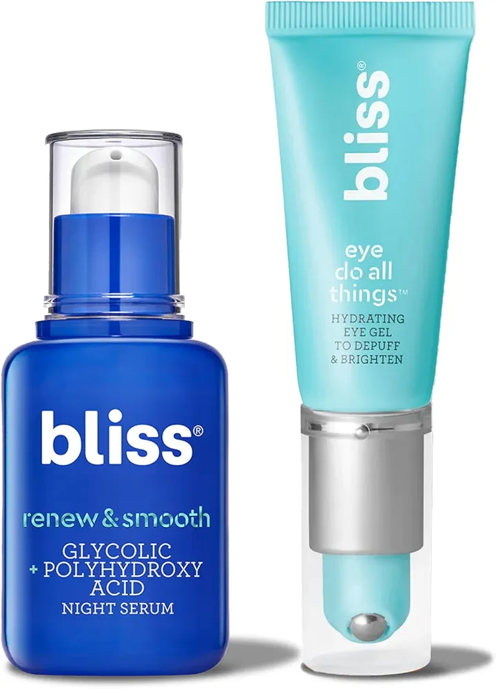 Bliss Renew & Smooth Night Face Serum- AHA Glycolic + Polyhydroxy Acid + bliss Eye Do All Things Hydrating Eye Gel Depuff & Brighten Straight-from-the-Spa