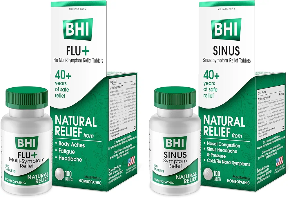 MediNatura BHI Cold, Flu, and Sinus Relief Bundle BHI Cold +Flu Multi-Symptom Relief Tablets (100) + BHI Sinus Natural Congestion Relief Tablets (100)