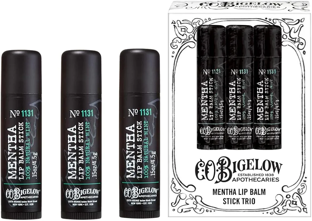 C.O. Bigelow Mentha Lip Balm Stick Trio, Moisturizing Lip Balm with Shea Butter and Natural Peppermint Oil, 3 Pack, 0.15 oz / 4.5g Each