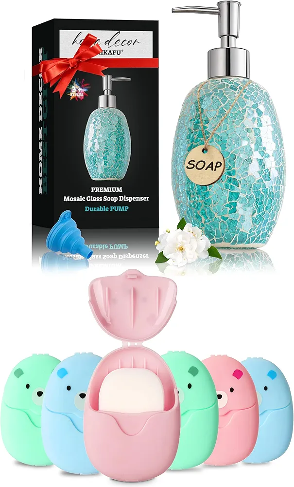 cleanliness set, 6 Boxes (300 Sheets) Mini Portable Disposable Travel Paper Soap Sheets & Turquoise Soap Dispenser