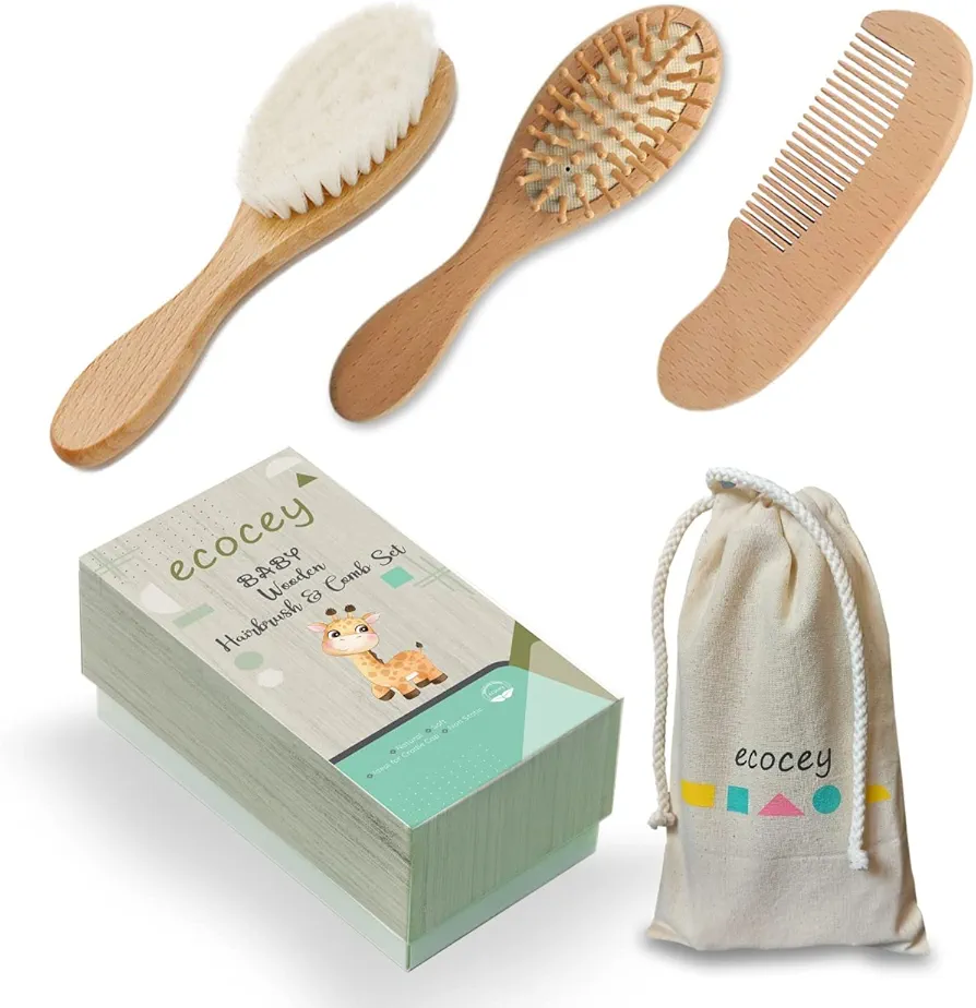 Baby Hair Brush and Comb Set-Natural Wooden Comb and Hair Brush for Infant and Toddler Kids Natural Super Soft Goat Bristles Ideal for Newborns Cradle Cap Perfect for Baby Shower and Registry