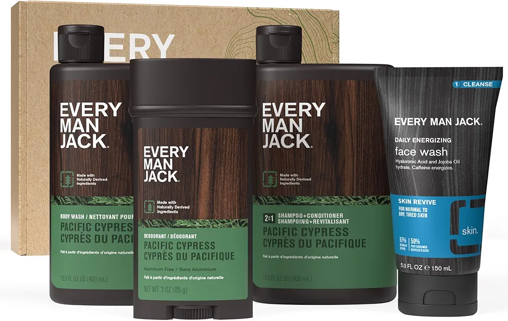 Every Man Jack Men’s Pacific Cypress Bath and Body Gift Set - Clean Ingredients & A Conifer Branches, Sea Salt, and Citrus Scent - Body Wash, 2-in-1 Shampoo, Deodorant & Face Wash