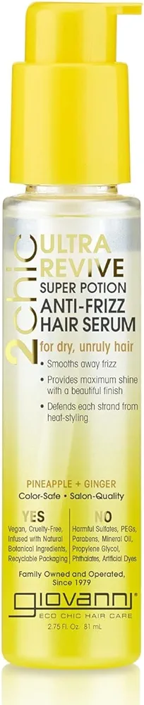 GIOVANNI 2chic Ultra-Revive Super Potion - Anti-Frizz Serum to Moisturize Dry, Unruly Hair, Enriched with Pineapple & Ginger, Works Great with Curly Hair, Color-Safe Hair Oil Serum - 2.75 oz