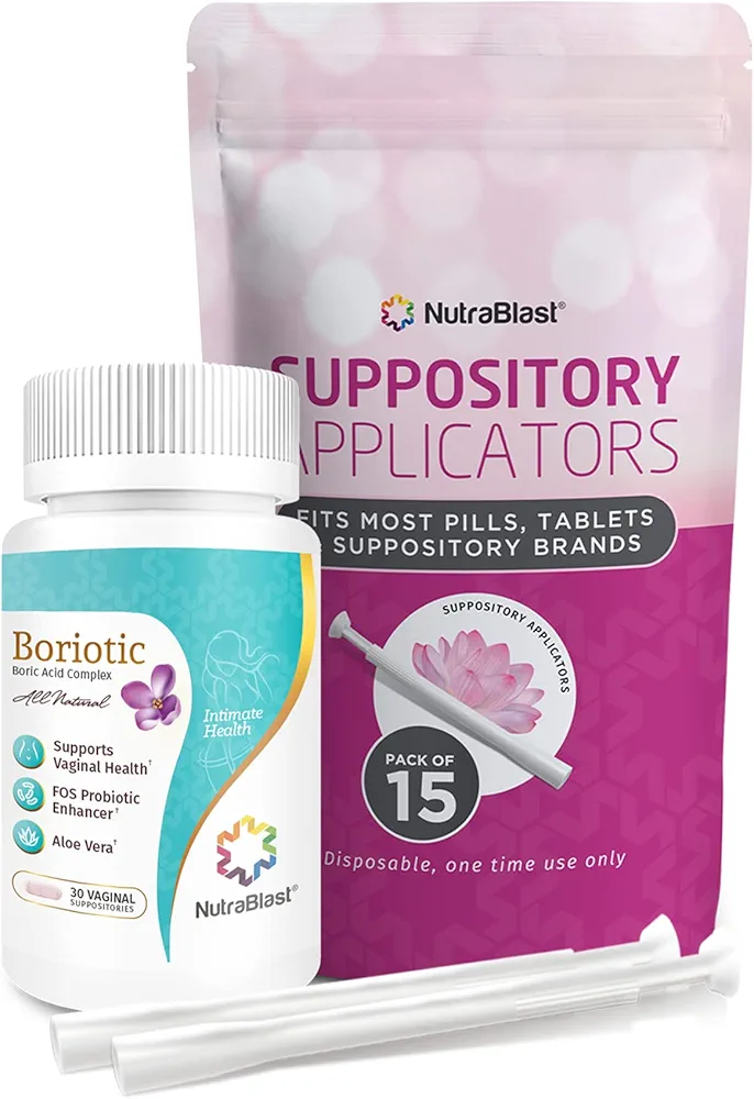 NutraBlast Boric Acid Vaginal Suppositories 800mg Complex w/FOS Prebiotic Enhancer & Aloe Vera w/Vaginal Applicator, 30 Suppositories & 15 Applicators - Intimate Balance, Feminine Care - Made in USA