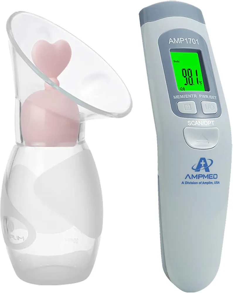 Amplim Deluxe Manual Silicone Breast Pump and No Touch Forehead Thermometer for Babies and Adults | Bundle Pack