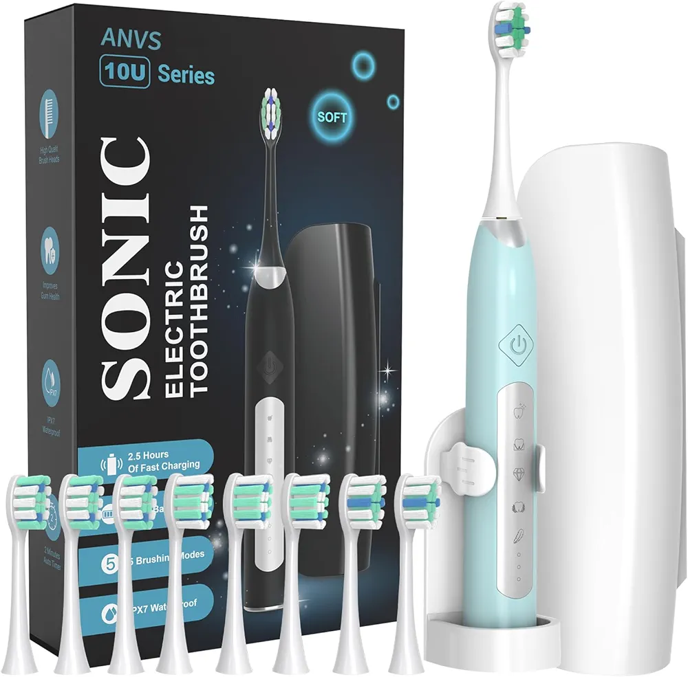 Sonic Electric Toothbrushes for Adults, 8 Brush Heads Electric Toothbrush Deep Clean 5 Modes, Rechargeable Travel Toothbrushes Fast Charge with 2 Minutes Smart Timer (Light Green)