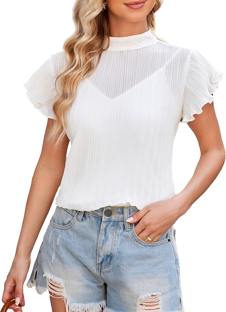 Womens Short Sleeve Dressy Shirts Summer Flutter Sleeve Loose Fit Tee Tops Blouses 2pcs Set Outfits White L