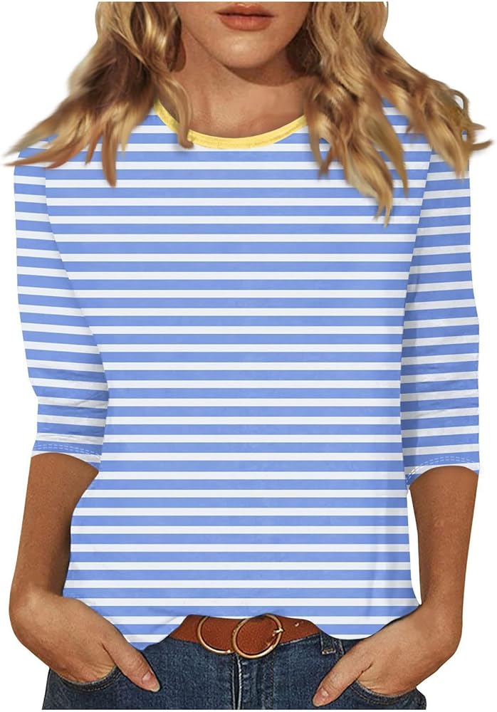 Women Summer Fashion Striped Printed Shirts Three-Quarter Sleeve Round-Neck Tops T-Shirt Basic Tee Tops Blouse