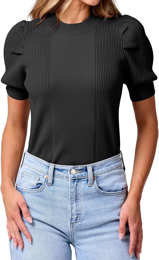 ANRABESS Women Puff Short Sleeve Sweater Tops Summer Casual Crewneck Knit Lightweight Soft Cute Pullover Blouses 2024 Outfits