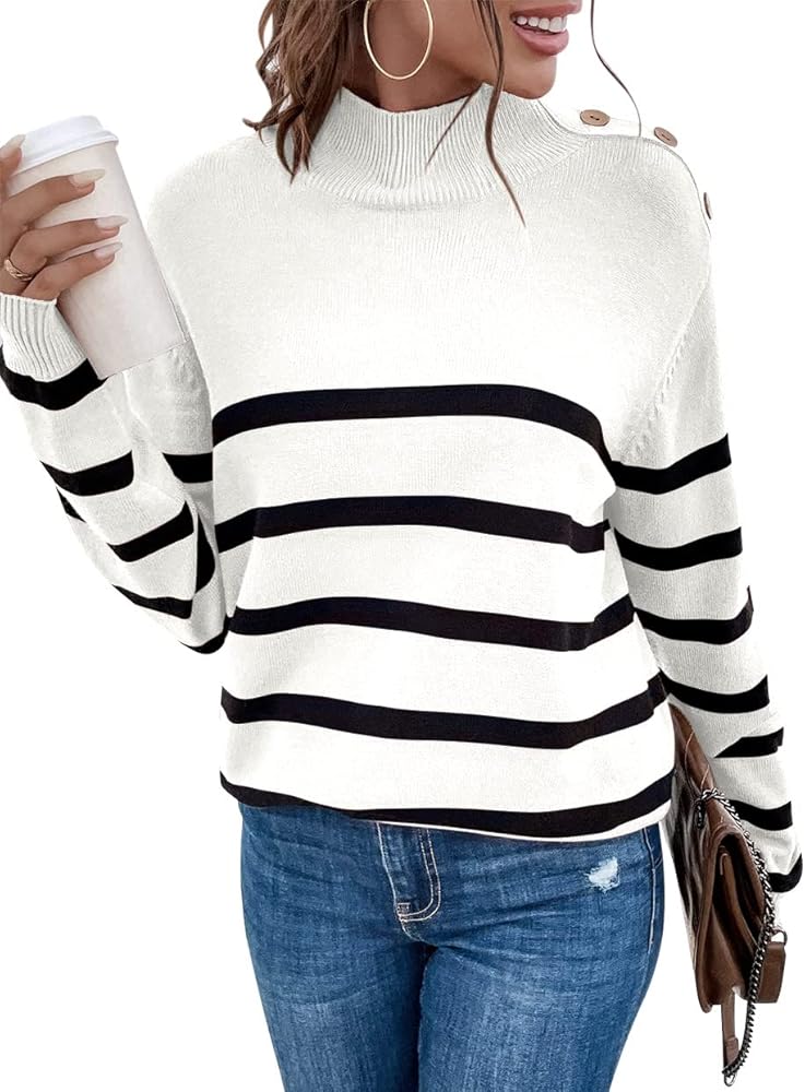 LONGYUAN Women Winter Turtle Necks Striped Knit Sweater Long Sleeve Pullover Casual Color Block Spring Tops 2024