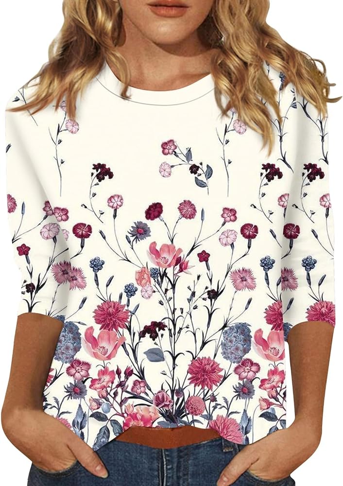 Women's 3/4 Sleeve Fall Tops Round Neck Solid Color Shirt Summer Floral Print Shirts Relaxed Fit T-Shirt