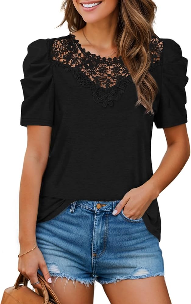 Womens Summer Shirt Elegant Floral Lace Blouse Casual Tshirts Loose Fit Puff Short Sleeve Tops Dressy Solid