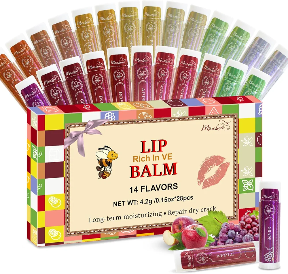 28 Pack Lip Balm,Natural Lip Balm Bulk with Vitamin E and Coconut Oil,14 Flavored Lip Balm Set, Lip Care Product, Moisturizing & Soothing Chapped Lips,Bulk Gifts for Women Party Favors