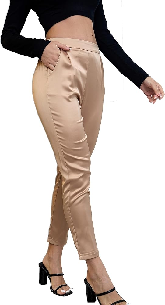 Women's Silky Satin Wedding Dressy Casual Elastic Waist Pants Party Club Wear Trousers