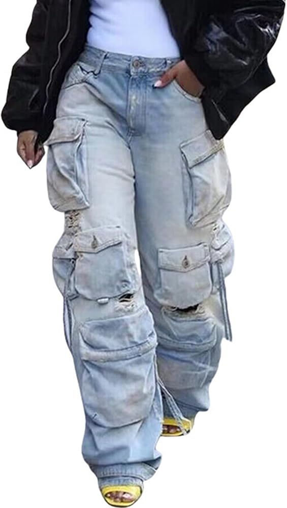 Vaceky Cargo Jeans Women High Waisted Straight Leg Baggy Y2K Denim Pants with Pockets Streetwear