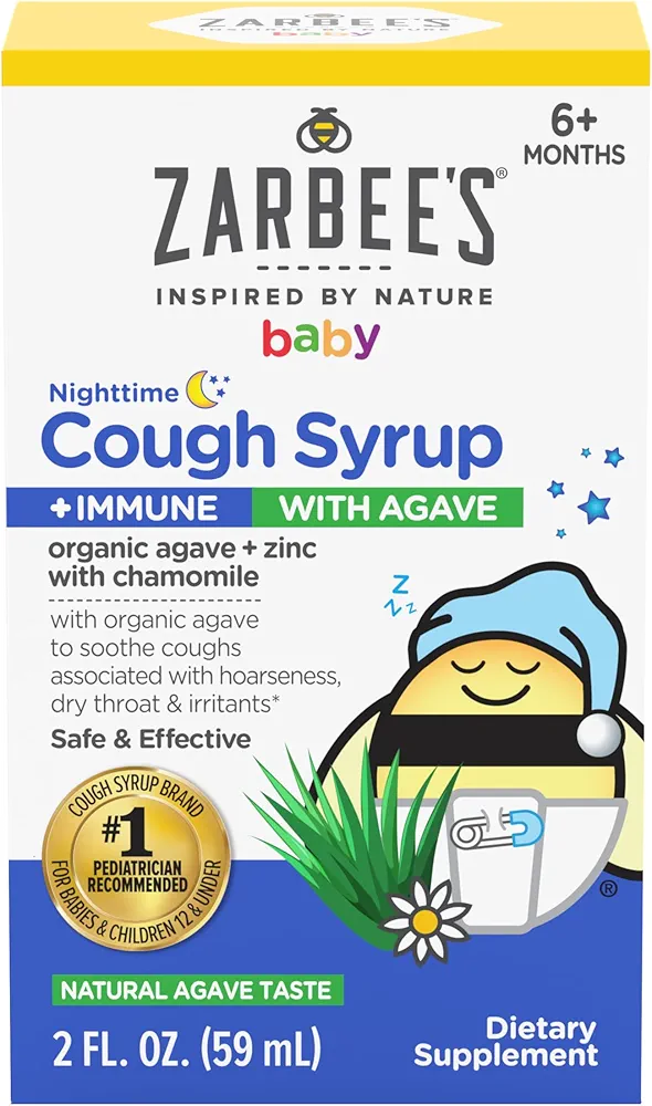 Zarbee's Baby Nighttime Cough Syrup + Immune, Baby Cough Syrup, Organic Agave + Zinc & Chamomile, Cough Syrup for Babies, No Drugs or Artificial Flavors, Natural Agave Taste, 2 fl. oz